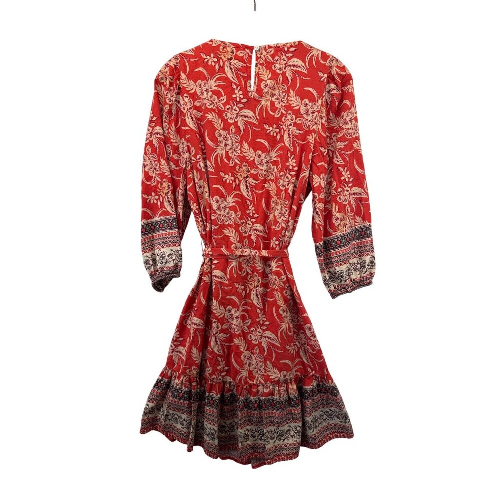 Beach Lunch Lounge Dress Sz M Orange Floral Boho Peasant Tasseled Casual 3/4Slv - Picture 2 of 14